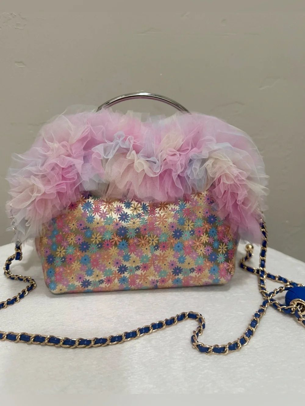 Handmade Genuine Leather With Lace Ruffle Trim Push Lock Frame Bag